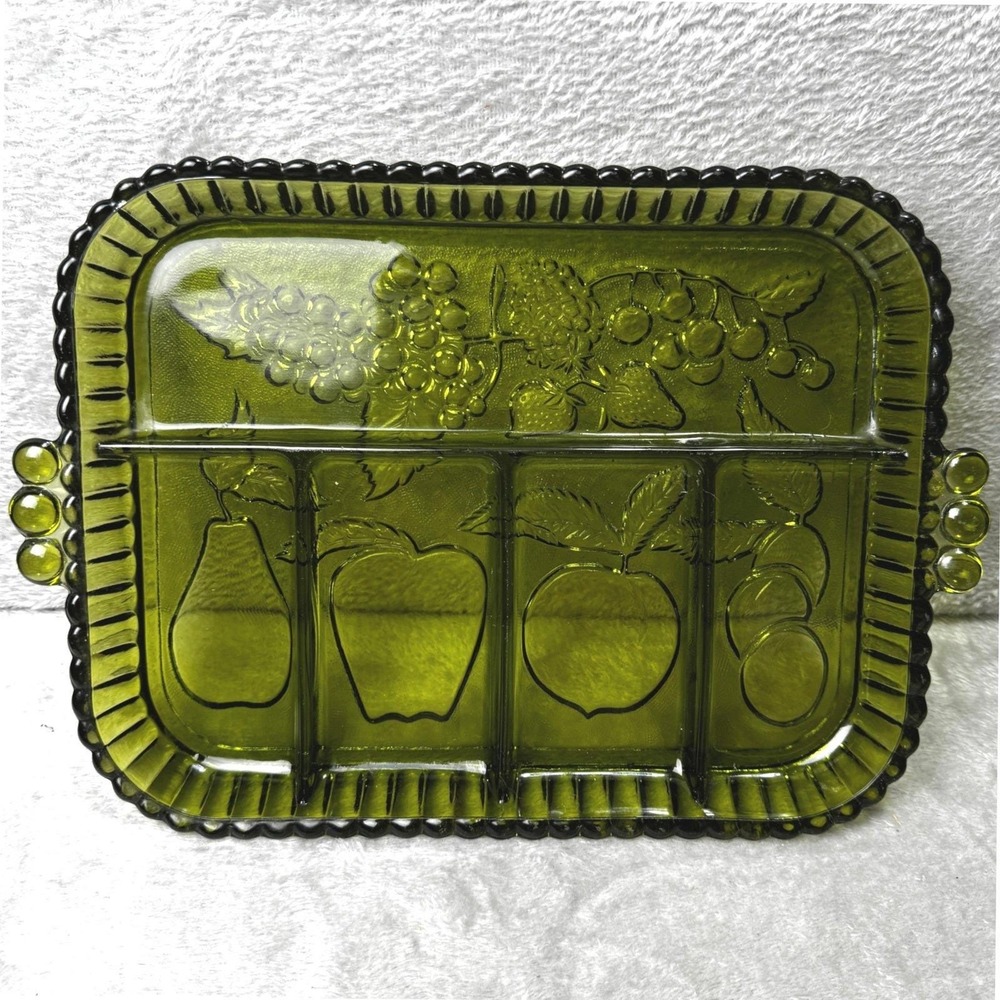 Vintage Indiana Glass Olive Green Harvest Fruit Relish Tray Divided Serving Dish